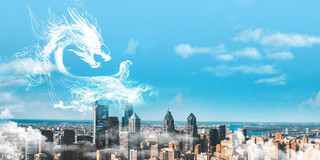 蓝色二月二龙抬头城市天空企业商务展板背景
